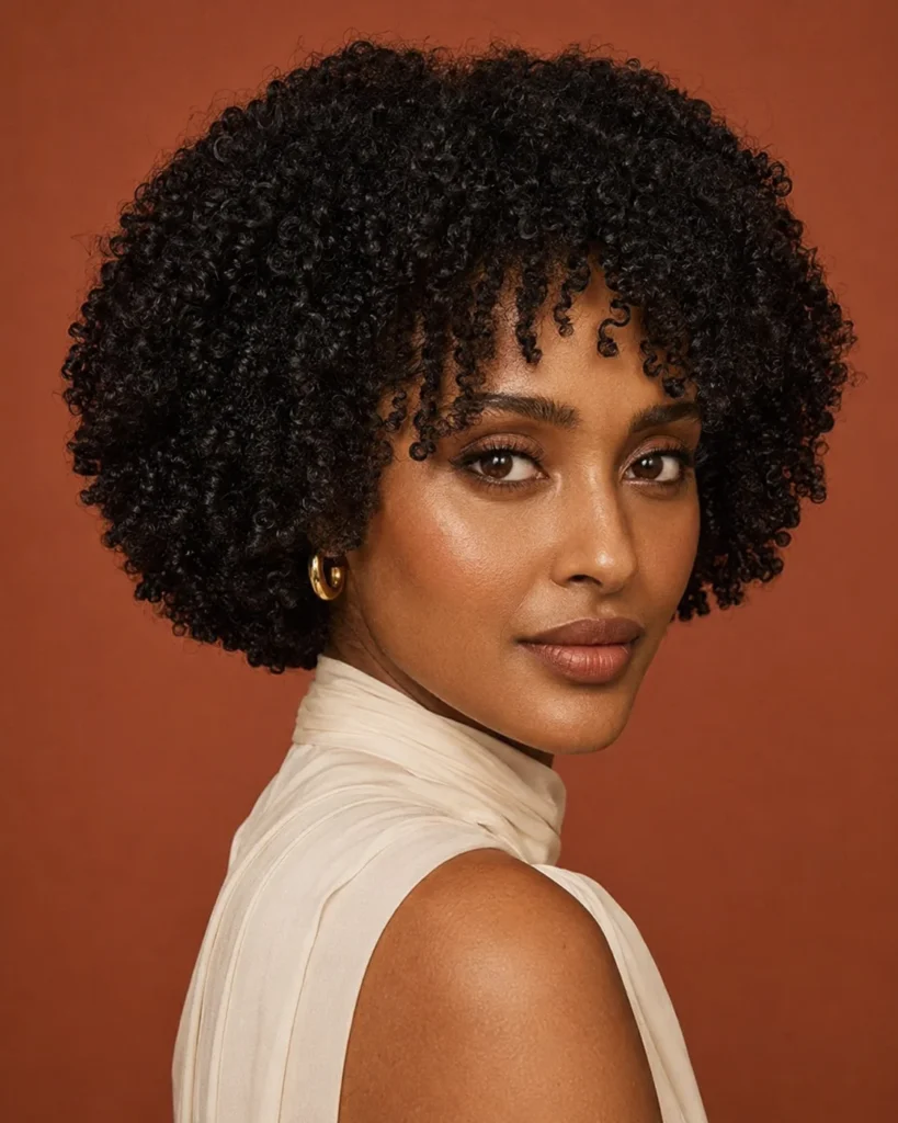Rounded coily bob with shorter center coils and longer temple pieces.