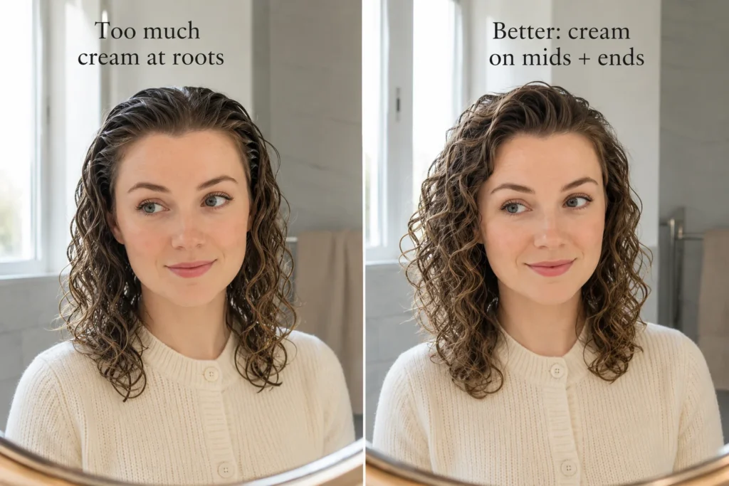 Comparison showing fine curls weighed down by too much cream at the roots versus better product placement.