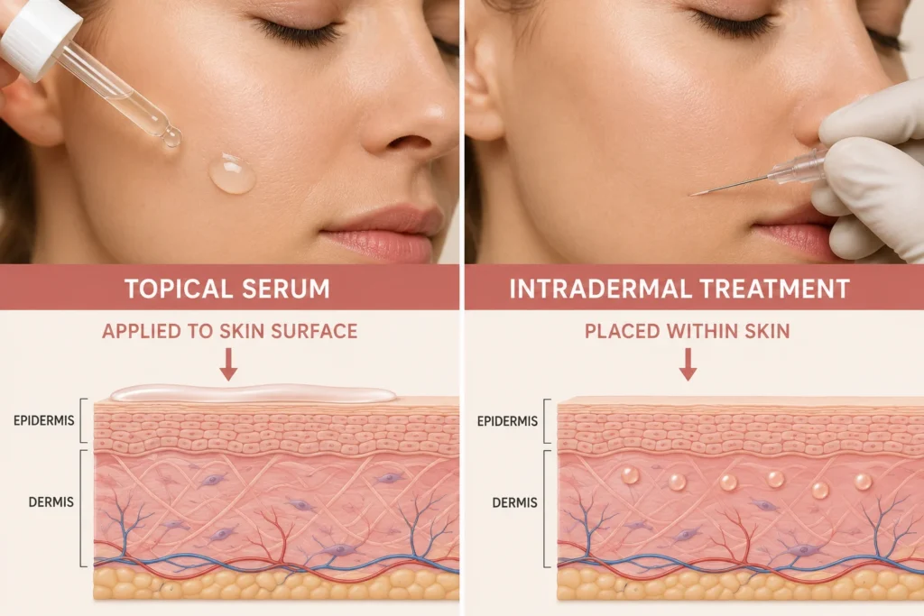 Skin cross-section comparing topical PDRN serum with a professional intradermal treatment