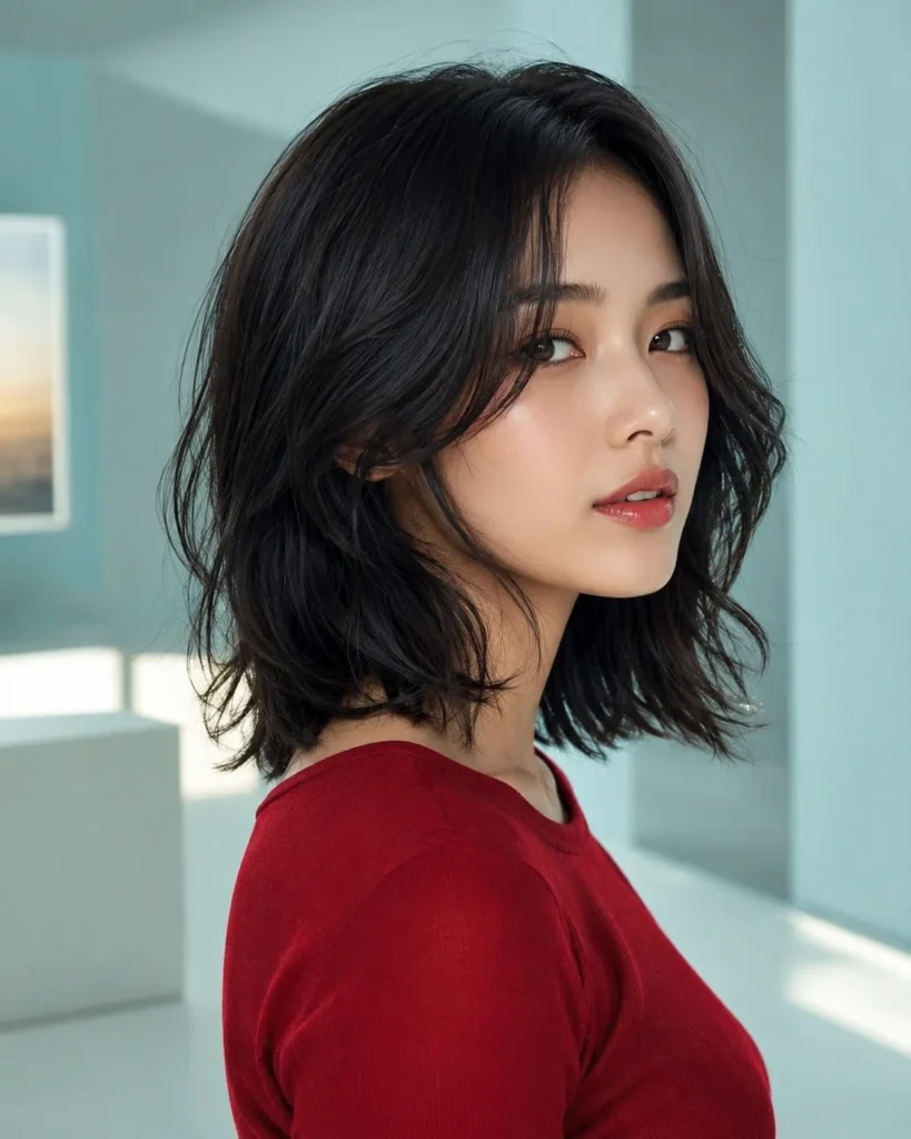 Collarbone-length wavy lob with curtain fringe flowing into long front layers.