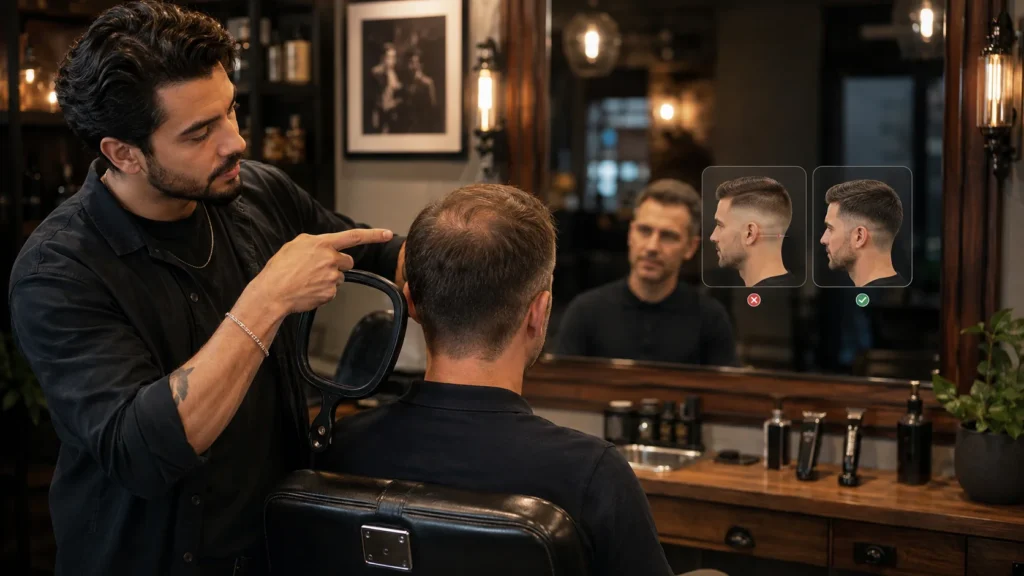 skin fade blended into beard showing clean sideburn connection and sharp jawline