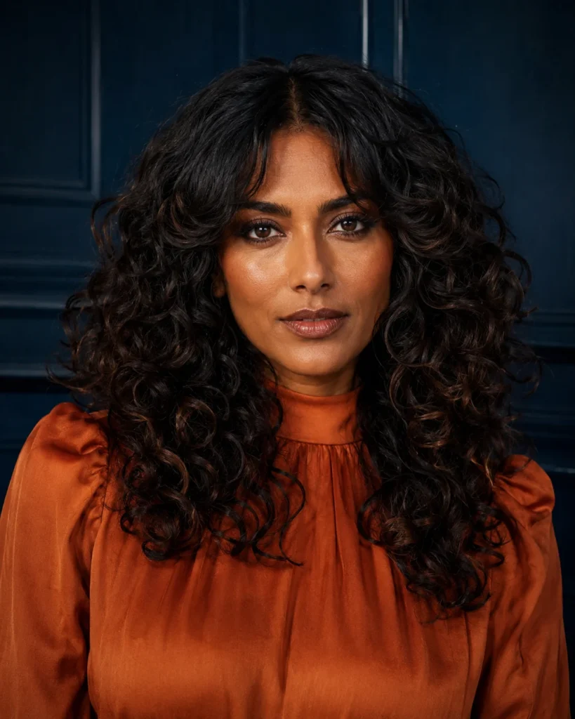 Thick silver-streaked curls with a wide center-opening curtain fringe.