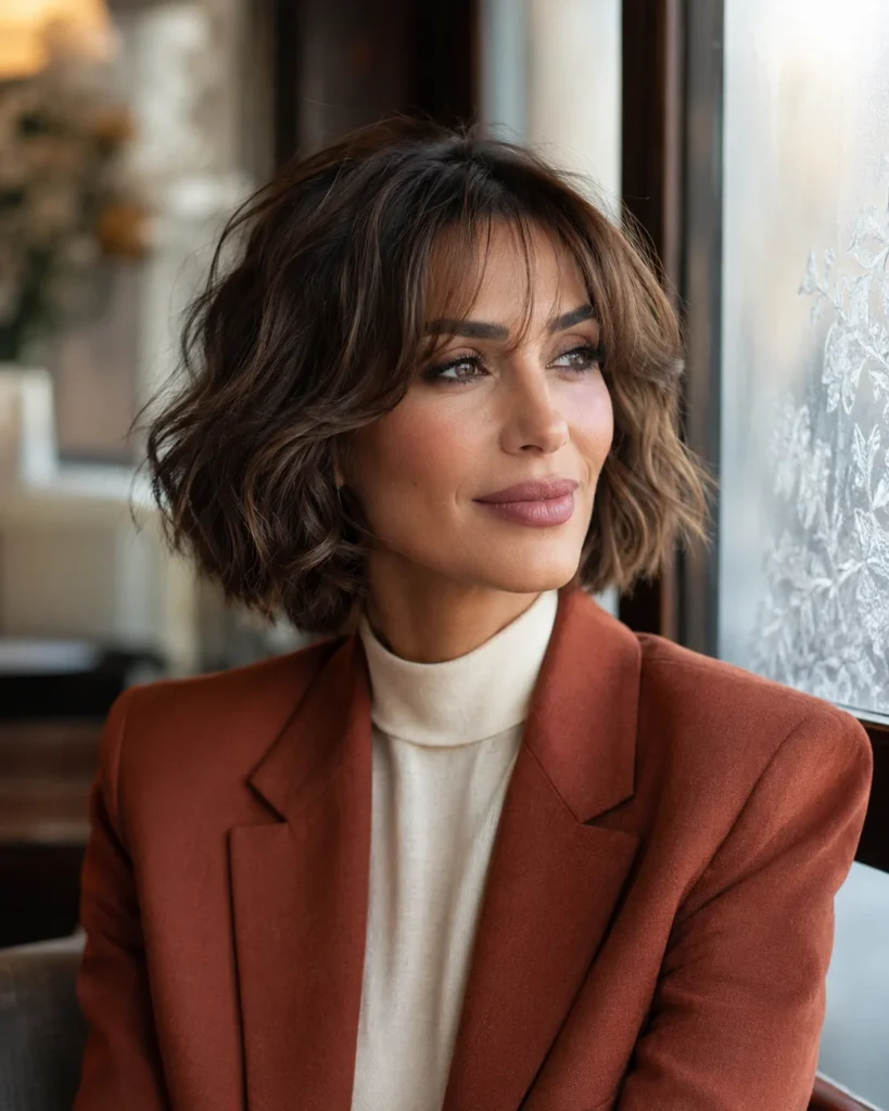 Chestnut wavy bob with fine wispy bangs opening near the center.
