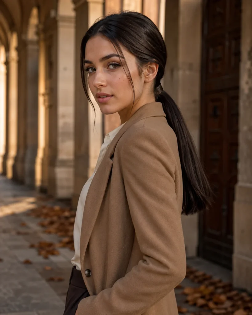 Brunette woman wearing a low ponytail with hair wrapped around the elastic. Caption: Wrapping one narrow section around the elastic gives a basic ponytail a cleaner finish.