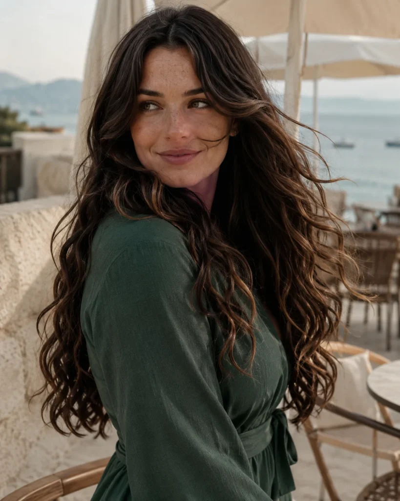 Fine mocha brown ribbons adding subtle dimension to long wavy hair