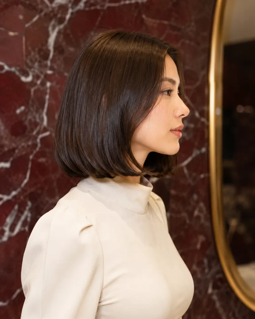 Shoulder-length lob colored a rich and glossy mocha brown