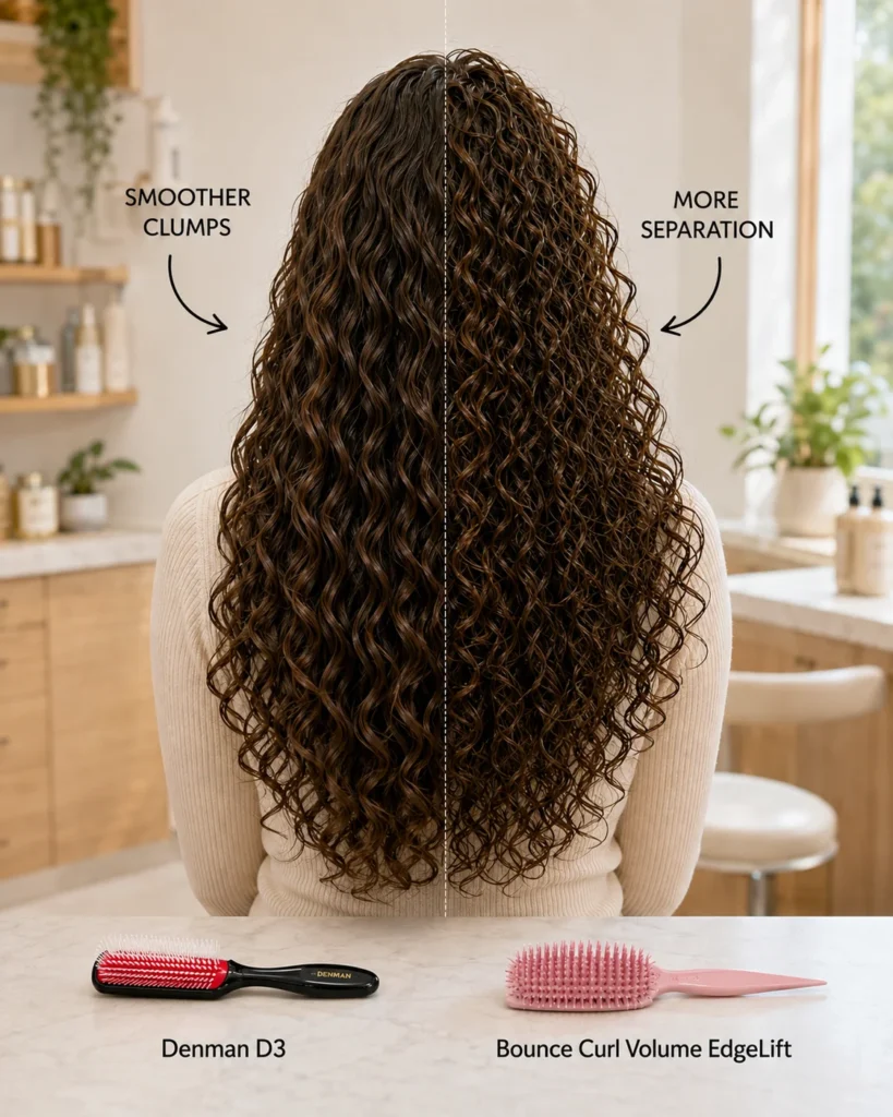 Back view of curly hair showing smoother, larger clumps on one side and smaller, more separated curls on the other.