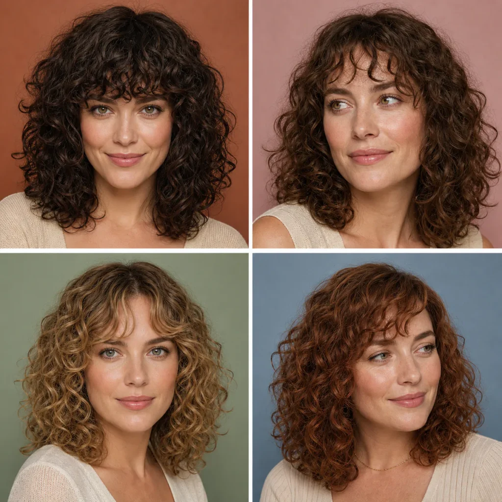 Four women showing full, wispy, curtain and side-swept bangs on curly wigs.