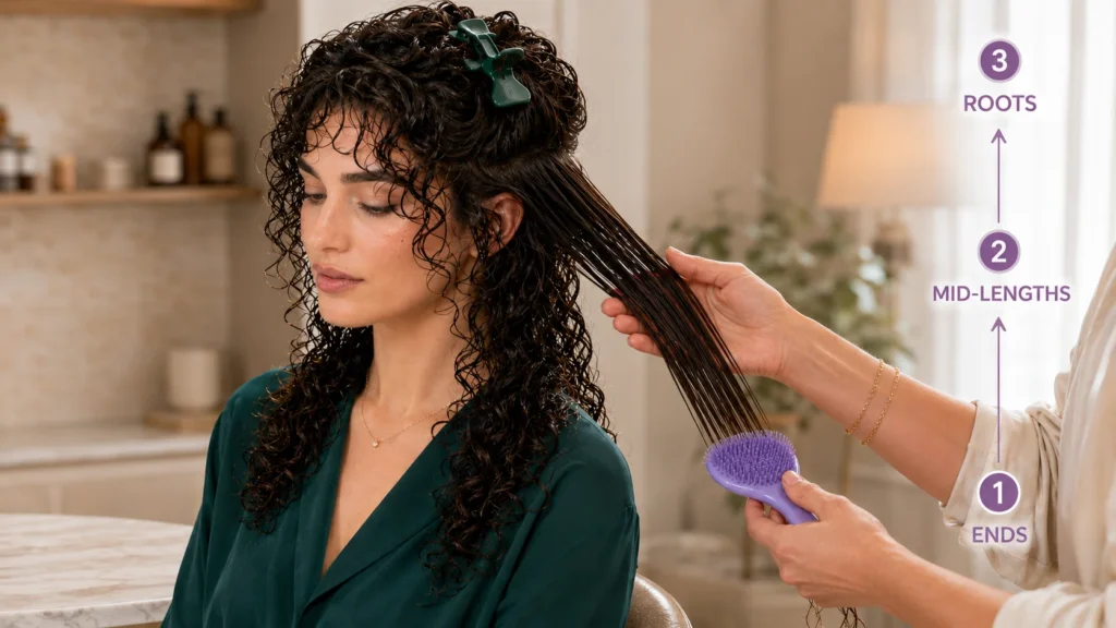 Stylist supporting a section of wet curly hair while detangling from the ends toward the roots.