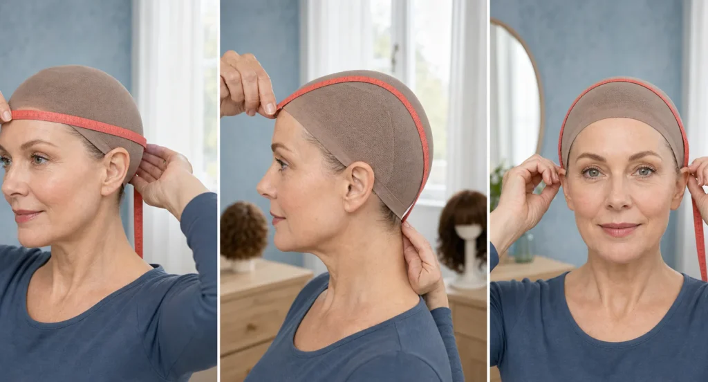 Woman demonstrating circumference, front-to-nape and ear-to-ear measurements for wig sizing.