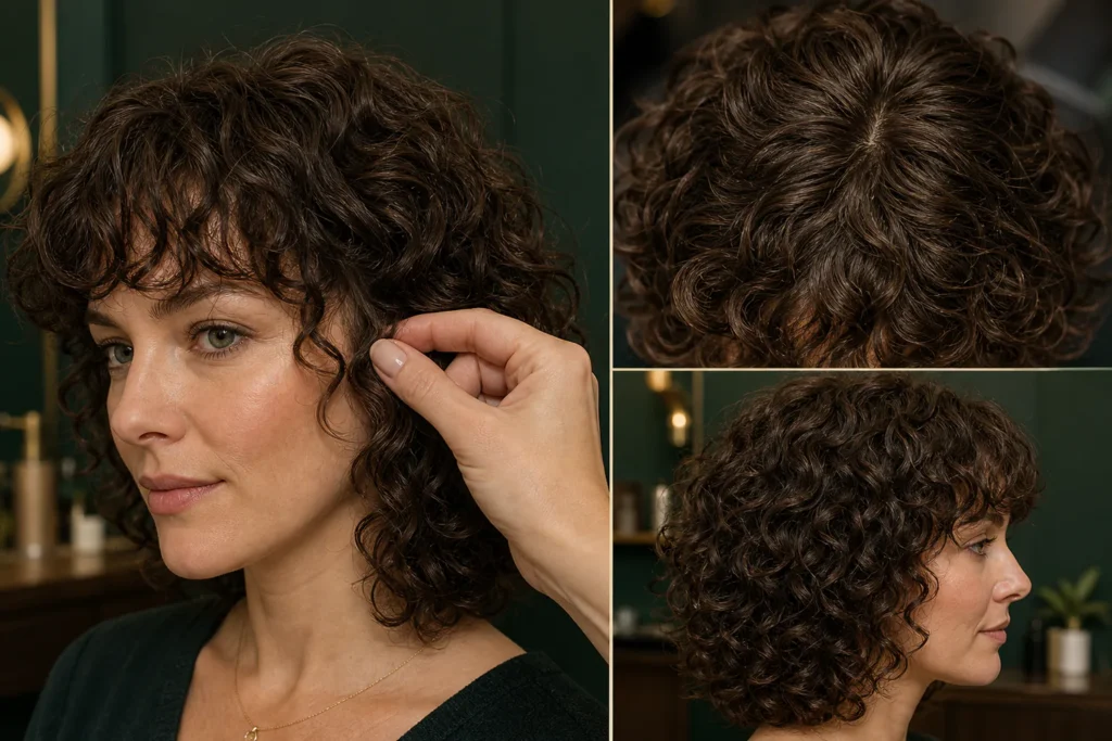 Close-up views of a curly wig showing blended bangs, a smooth crown and balanced side density.