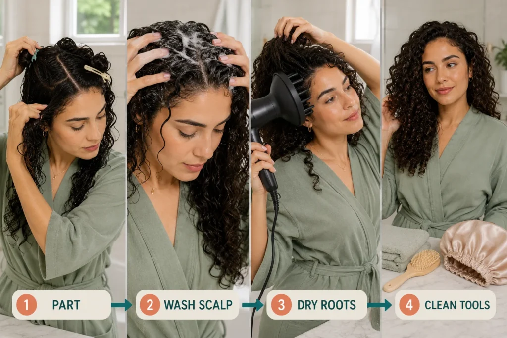 Four-step routine showing how to section the hair, wash the scalp, dry the roots and clean hair tools