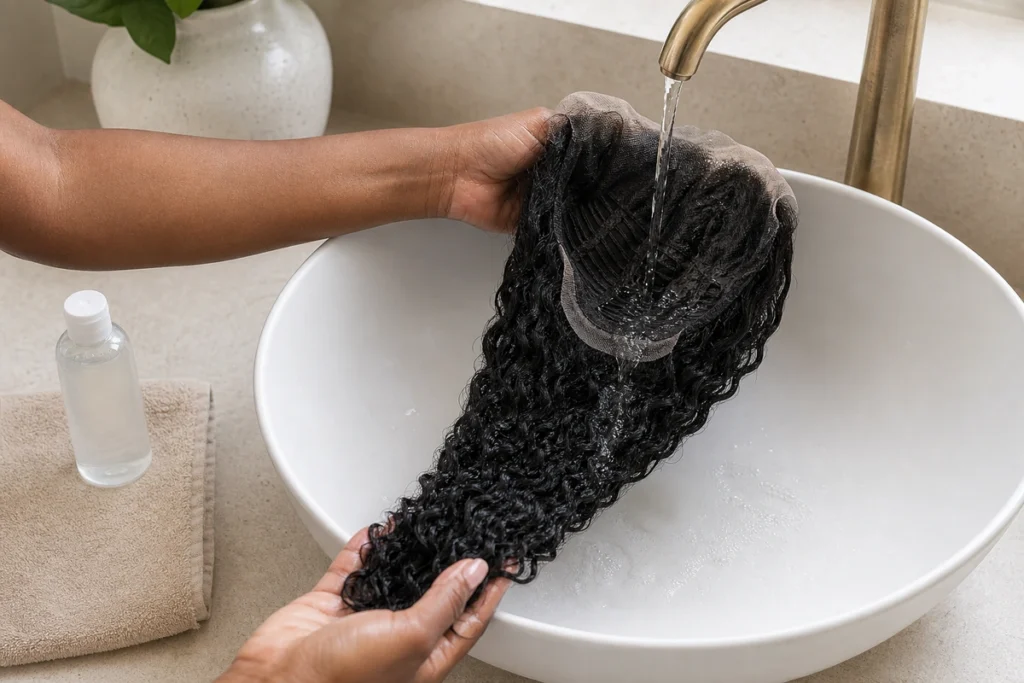 Hands supporting the cap and long curls of a synthetic wig while rinsing with cool water