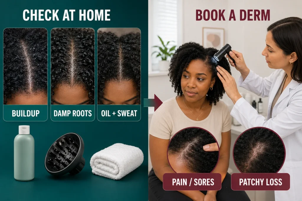 Comparison of common scalp odor causes that can be checked at home and warning signs that need a dermatologist