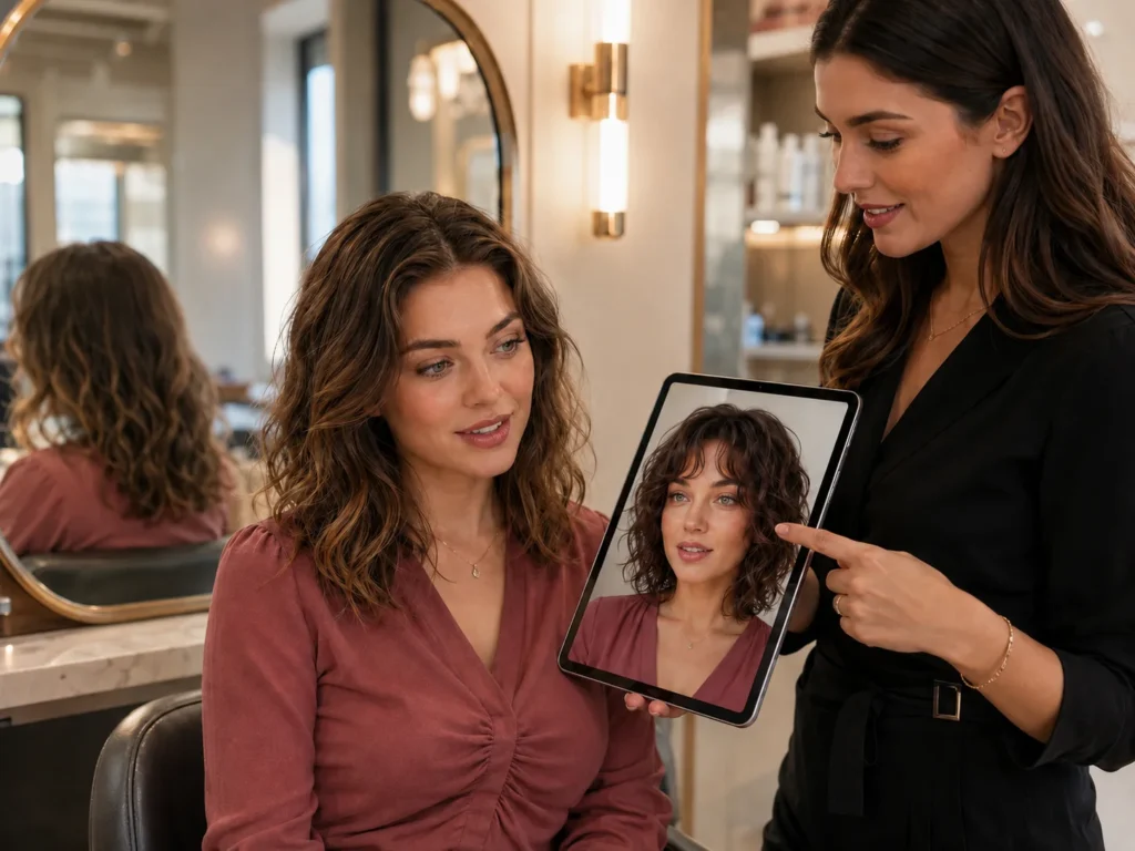 Woman discussing a curly hairstyle preview on a tablet with her stylist before choosing a haircut.