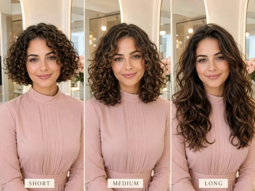 Same woman shown with short curly, medium curly and long wavy hairstyle options.