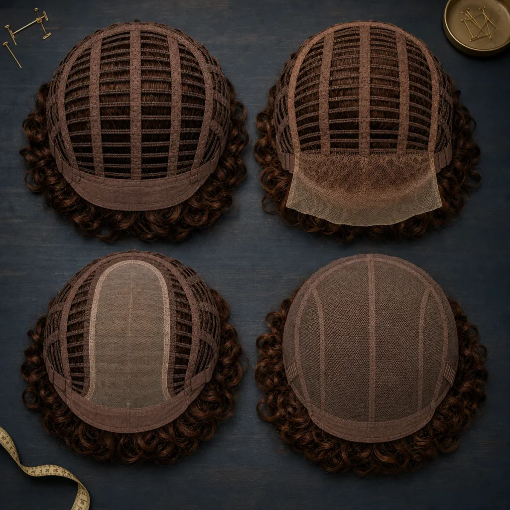 Inside views of open-wefted, lace-front, monofilament and hand-tied curly wig caps.