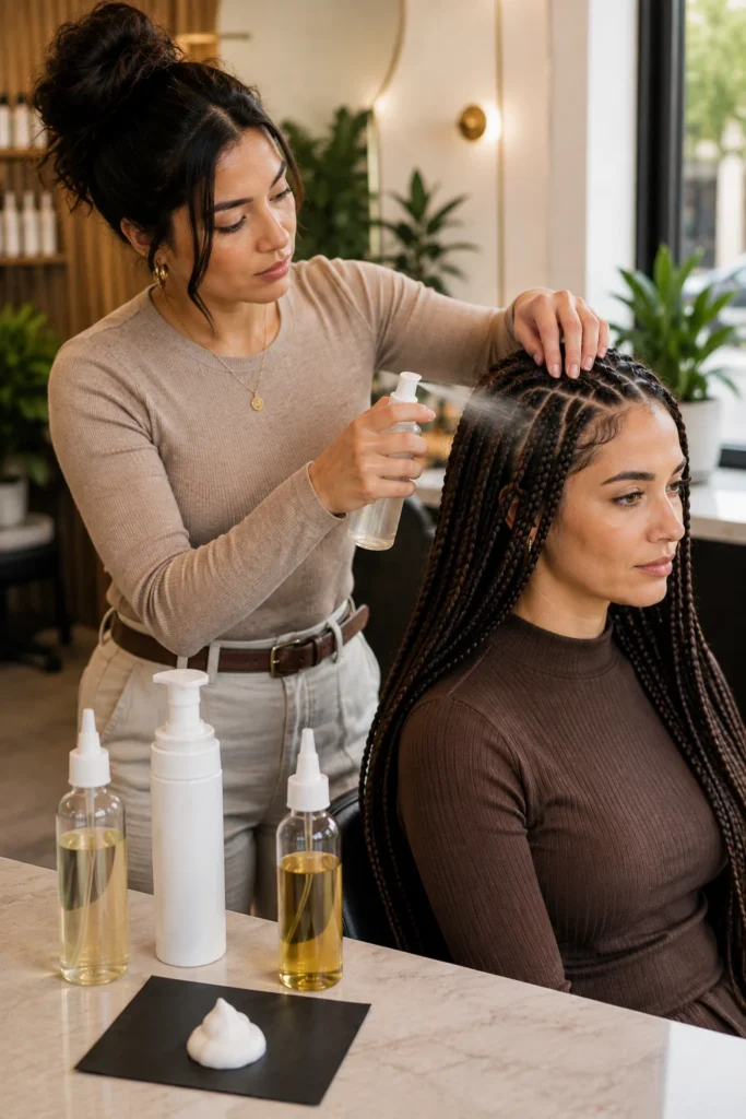 Stylist testing a fine-mist braid spray on parted braids with mousse and scalp oil samples nearby.
