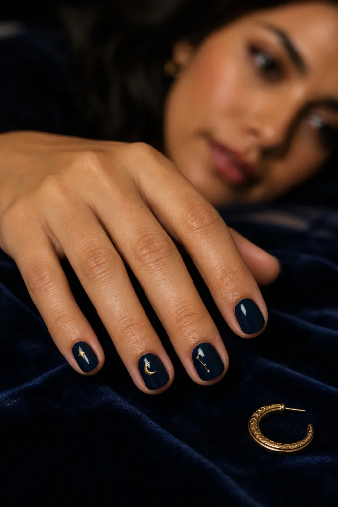 Short midnight-blue nails with tiny gold moons, stars and dotted constellation details