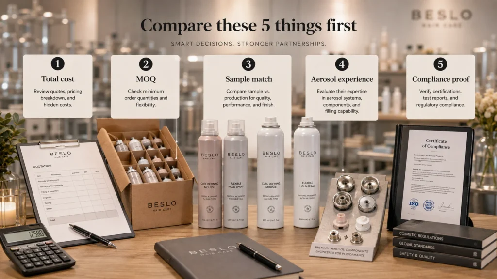 Visual guide showing the five key factors to compare when choosing an aerosol hair care manufacturer: total cost, MOQ, sample match, aerosol experience, and compliance proof