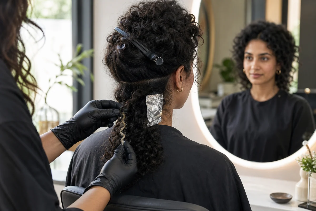 Colorist examining a small bleached test strand before lightening the rest of the client’s curls
