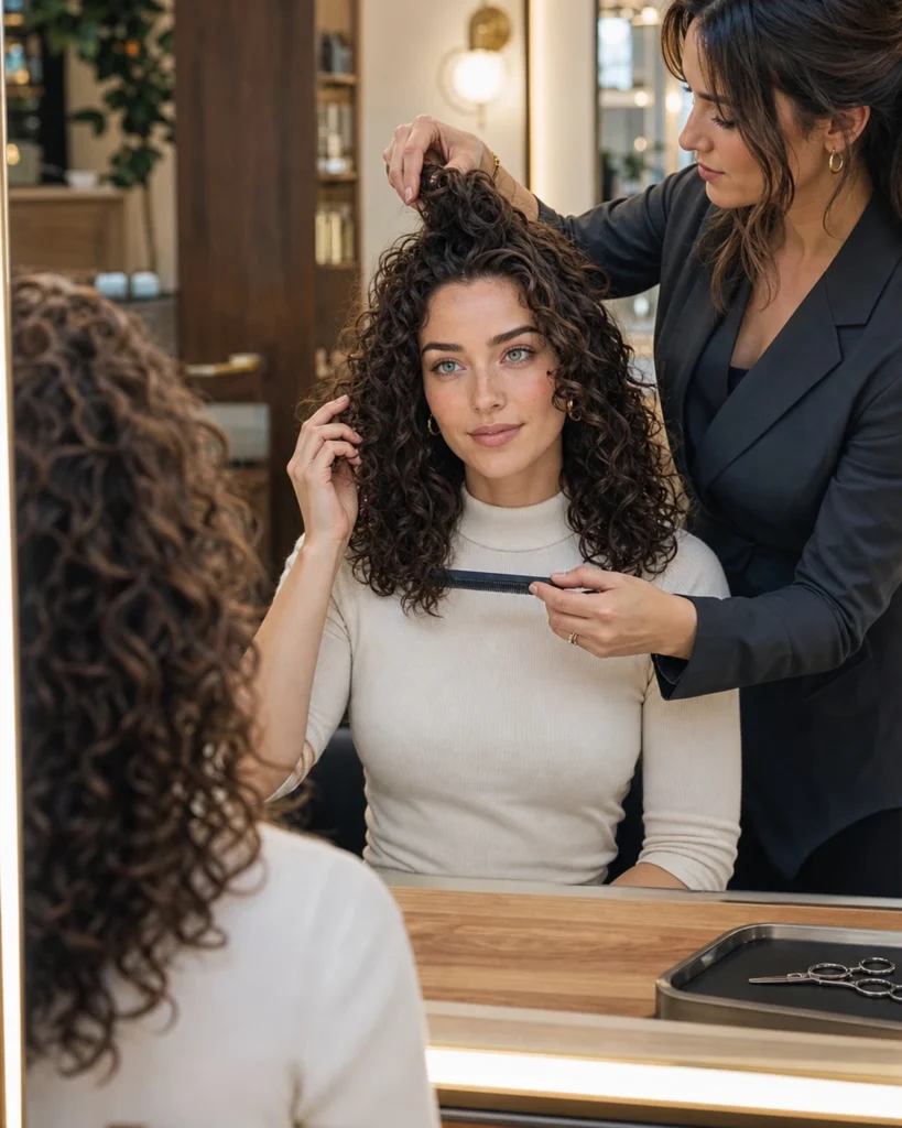 Stylist assessing curl density and discussing face-framing and finished haircut length