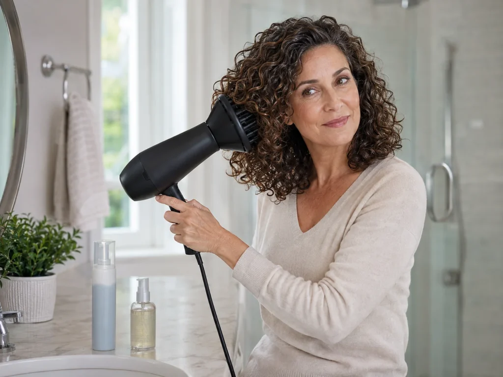 Woman over 50 drying defined curls with a diffuser before going outside in humid weather.