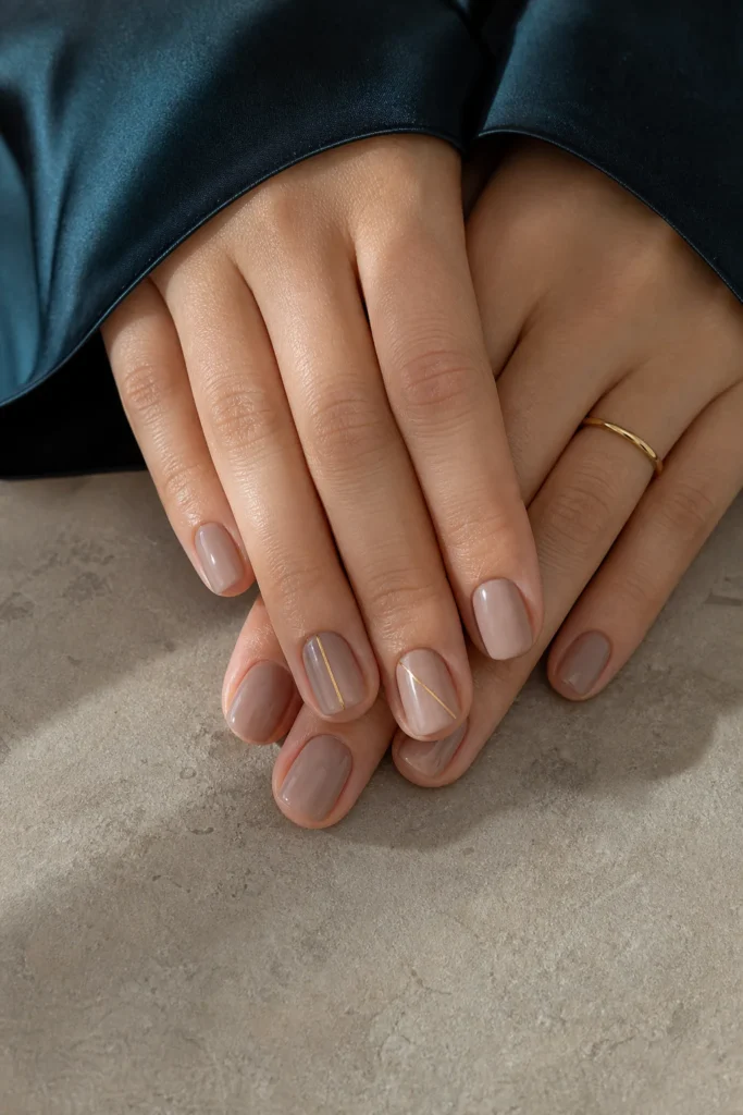 Short wide nail beds with delicate vertical and diagonal gold line nail art
