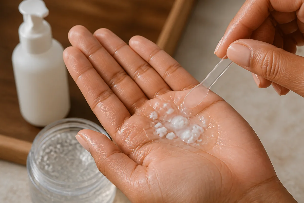 White clumps forming as leave-in conditioner and clear hair gel are mixed in a palm