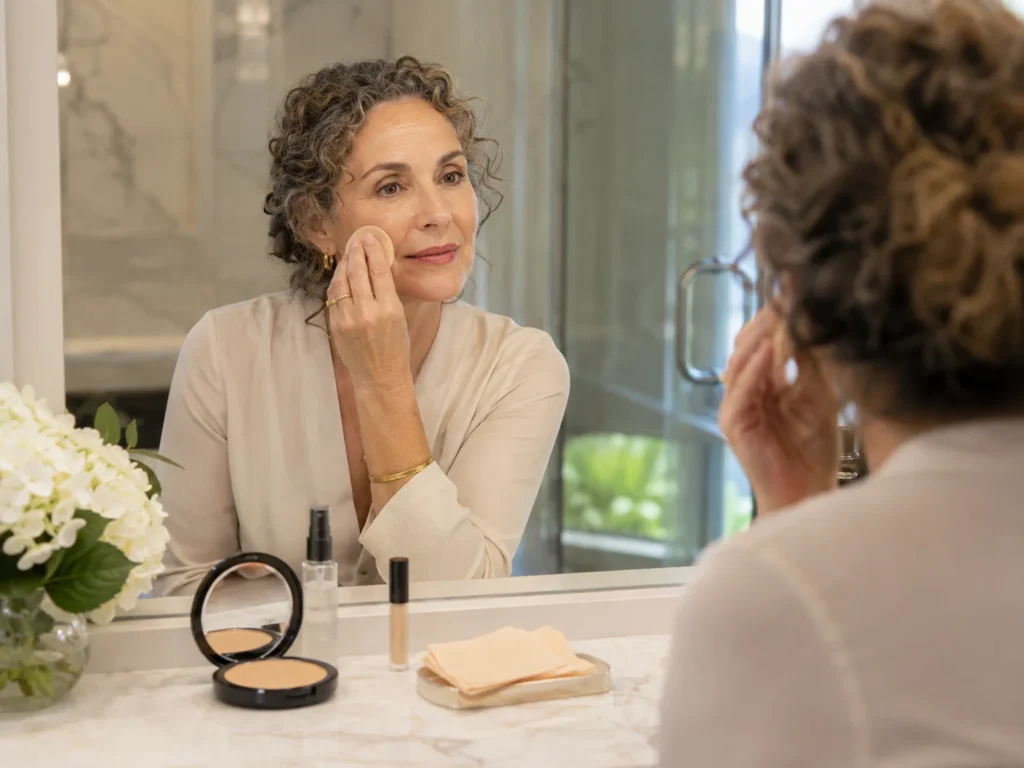 Woman over 50 gently pressing makeup into her skin for a light, humidity-resistant finish.