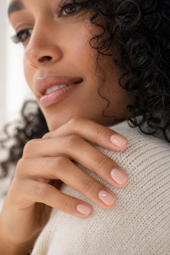 Short rosy nude nails with one small flat-backed crystal accent