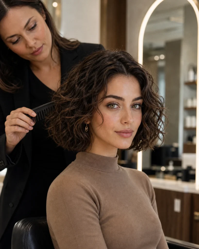 Woman in a salon showing a jaw-length textured bob with defined natural curls