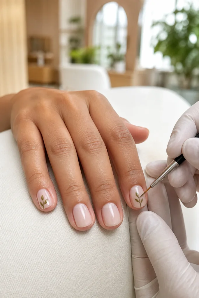 Short milky nude nails with two delicate green botanical accent designs