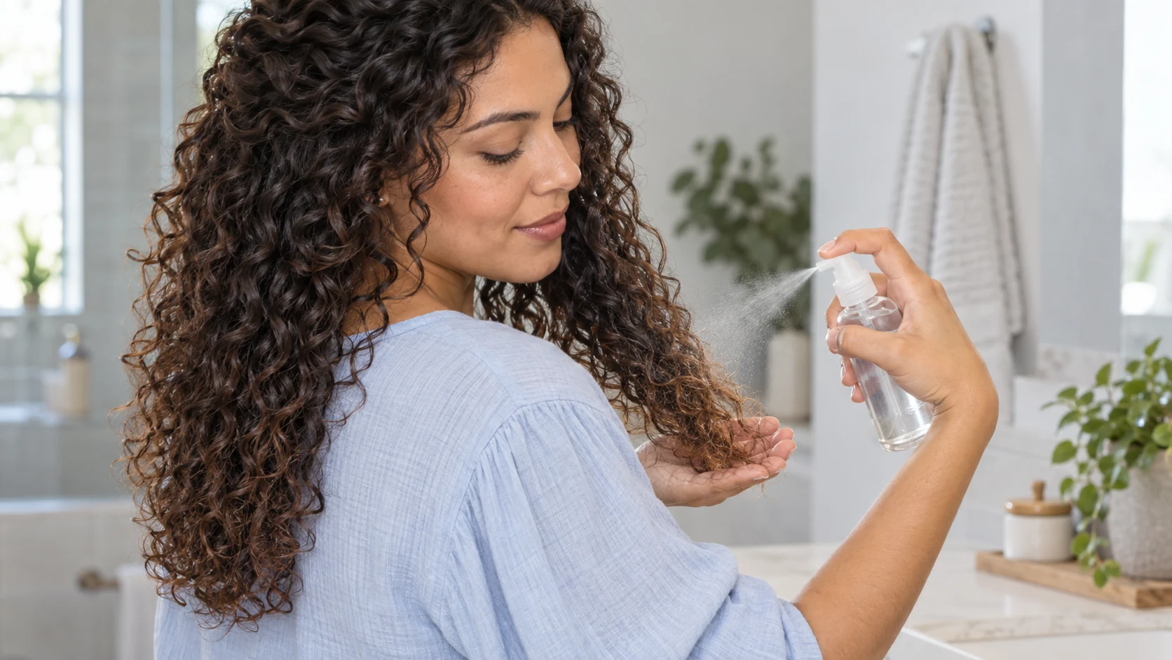 Woman spraying curl refresher onto dry curl ends while leaving the roots untouched