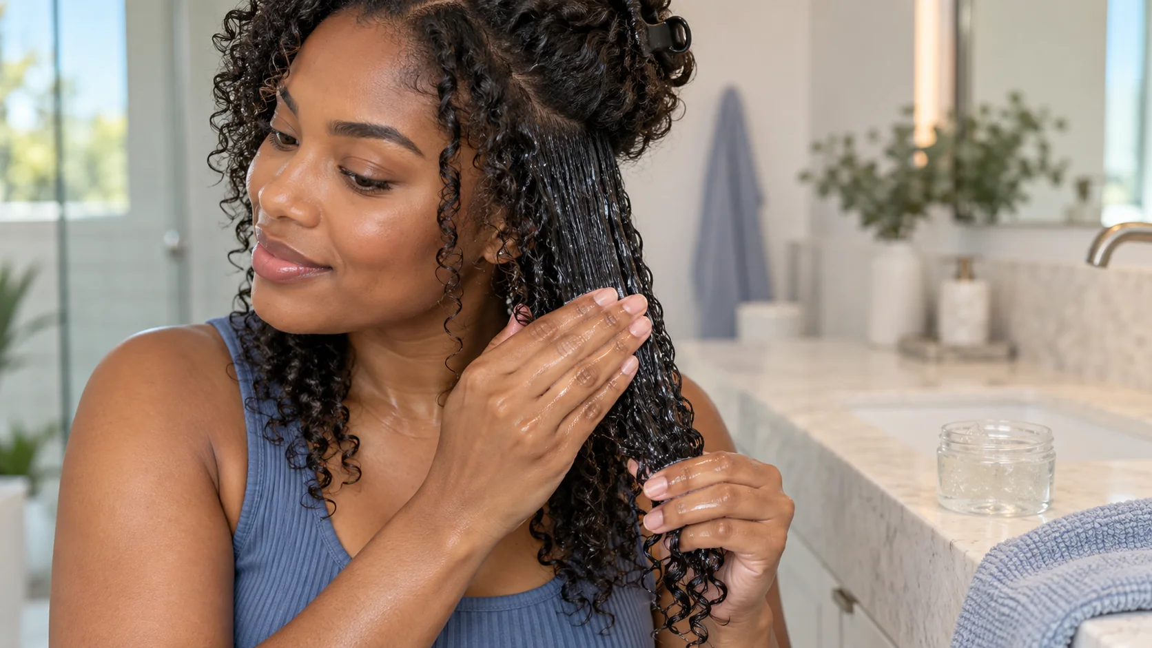 Woman smoothing clear gel evenly through a wet curl section