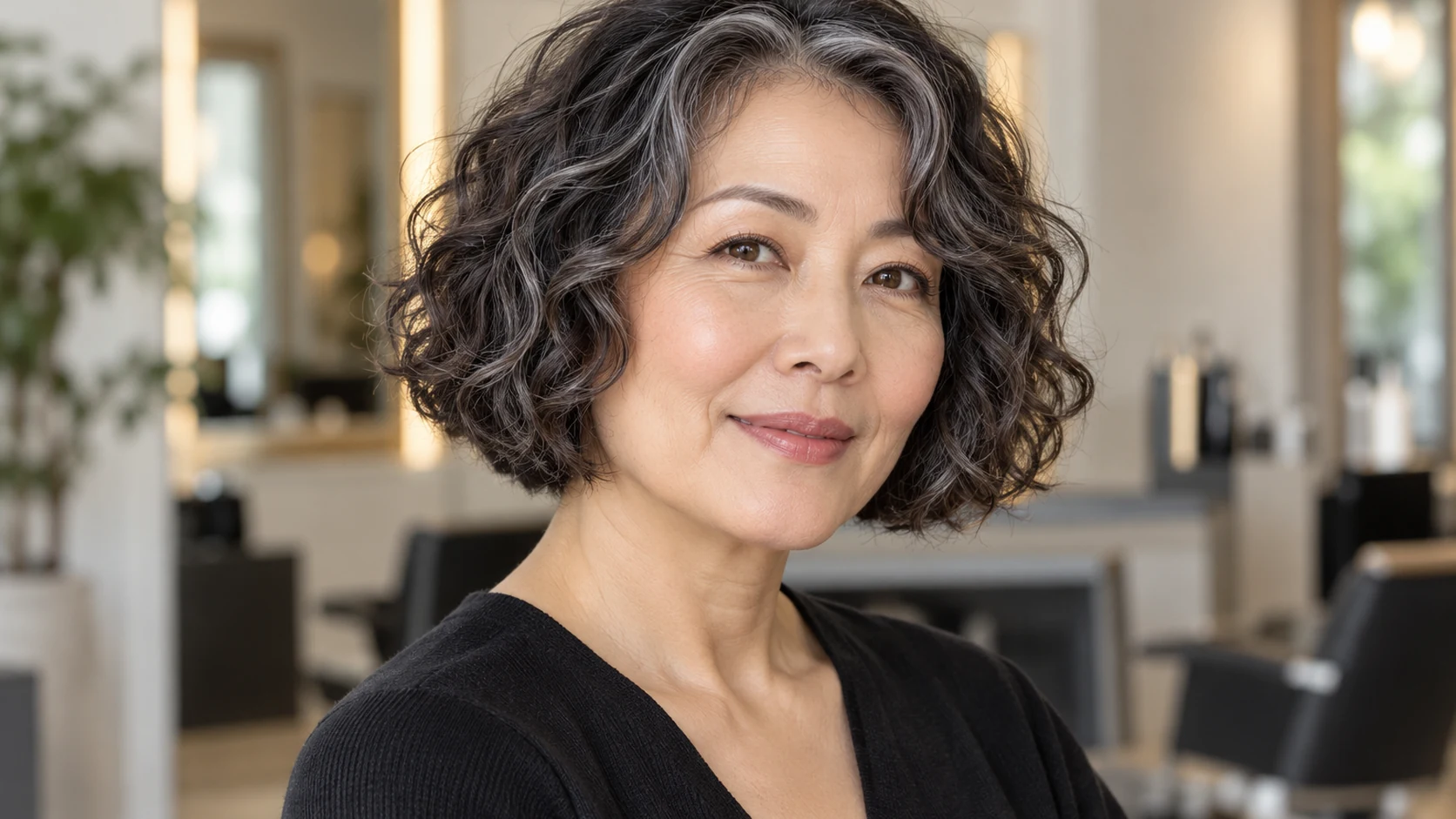 Woman over 50 wearing a chin-length wavy curly bob with a full blunt perimeter.