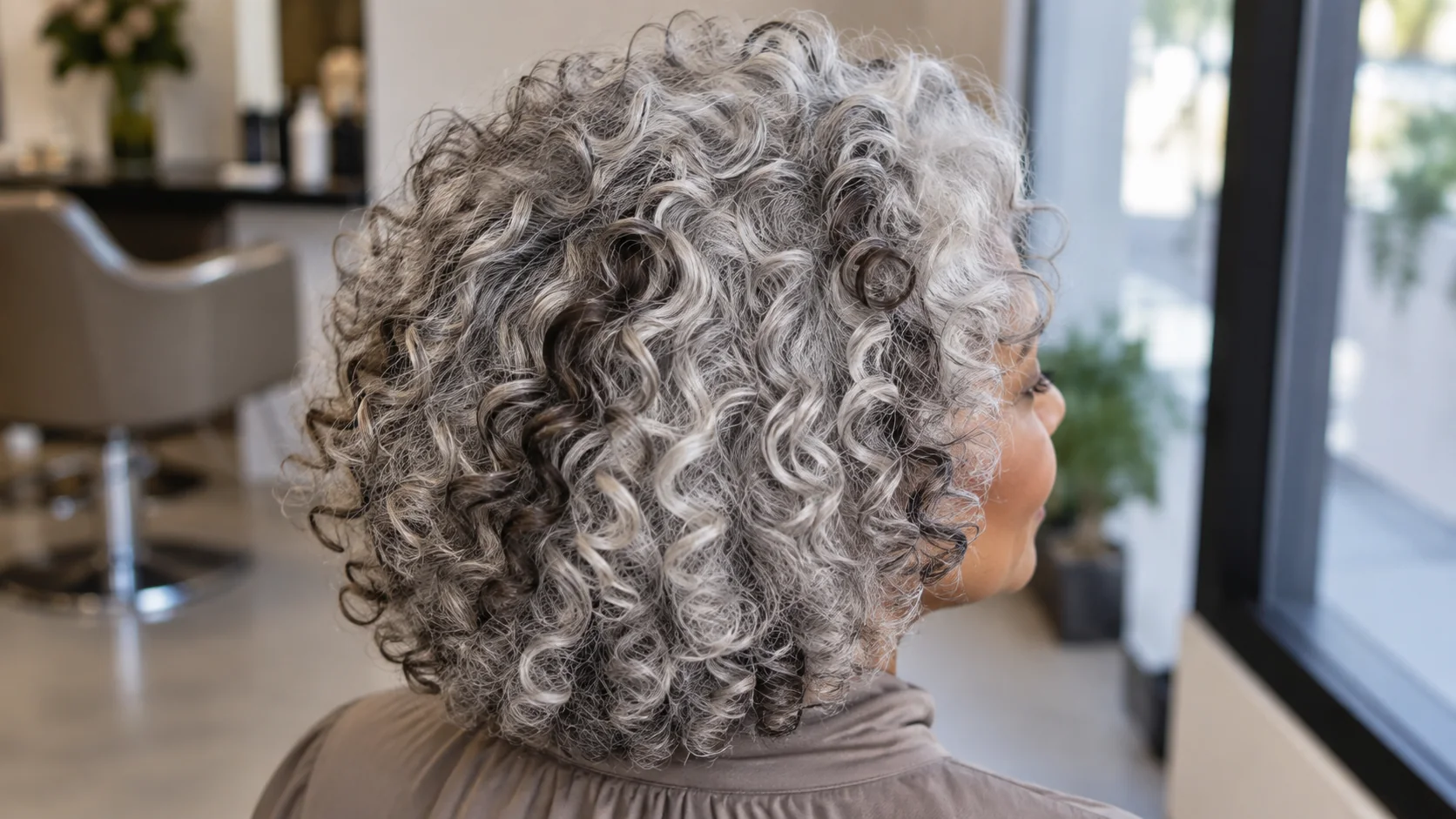 Silver-rich curls with a few dark brunette lowlight ribbons