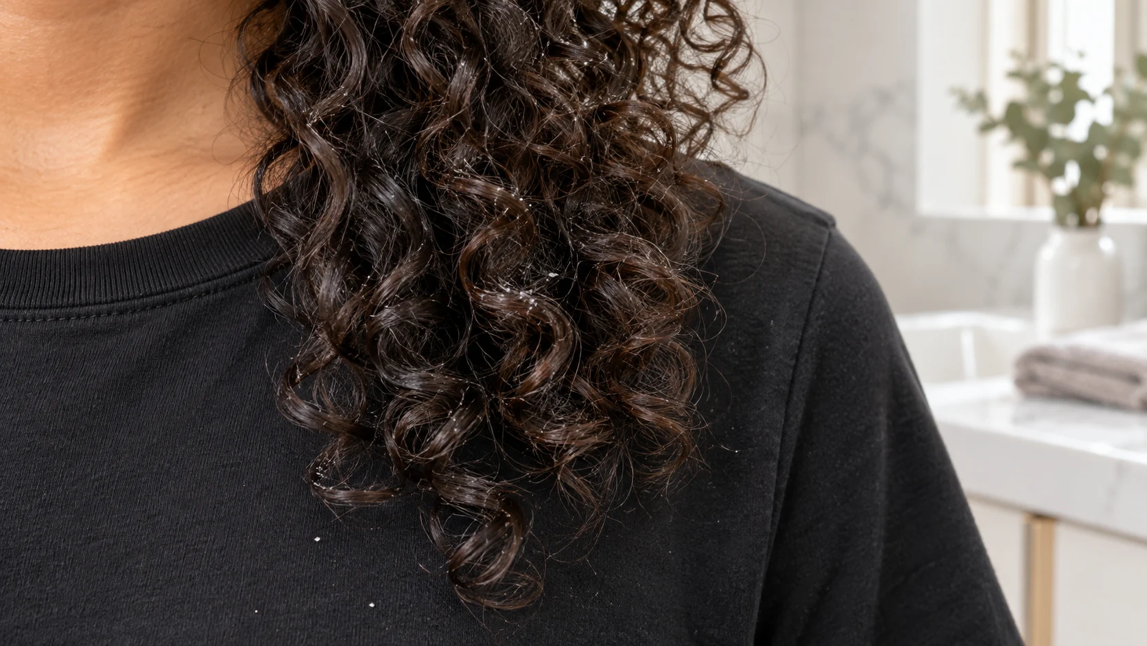 Small white specks on dark curls and black fabric