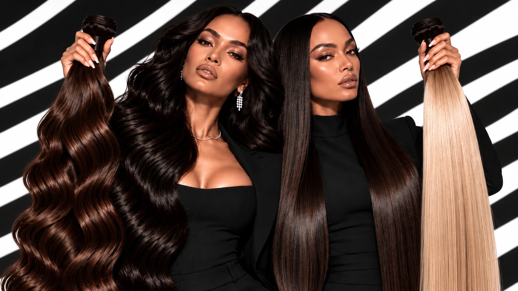 Close editorial view of dark wavy and blonde straight extension bundles beside two finished hairstyles.