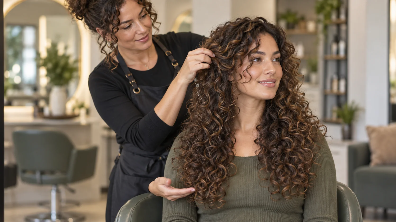 Stylist showing connected layers and full ends on a curly butterfly cut