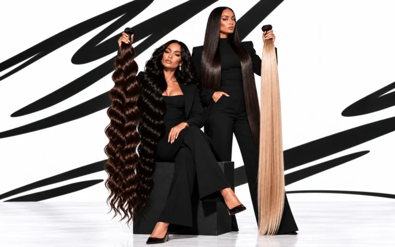 Two models presenting dark wavy and blonde straight hair extensions for comparing texture, length and finish.