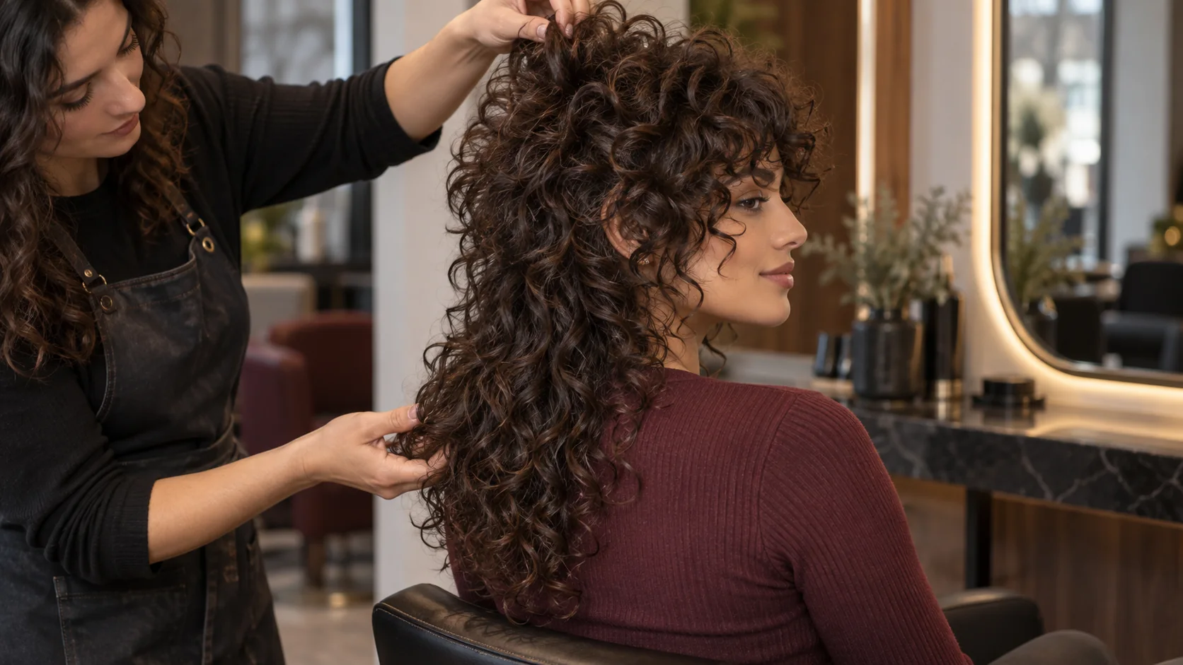 Stylist showing short crown layers and longer back on a curly wolf cut