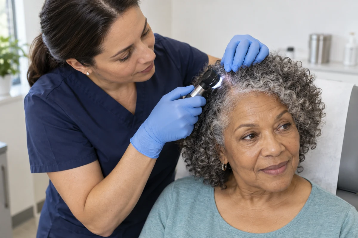 Dermatologist examining the widening part of an older woman's curly gray hair with a handheld scalp scope