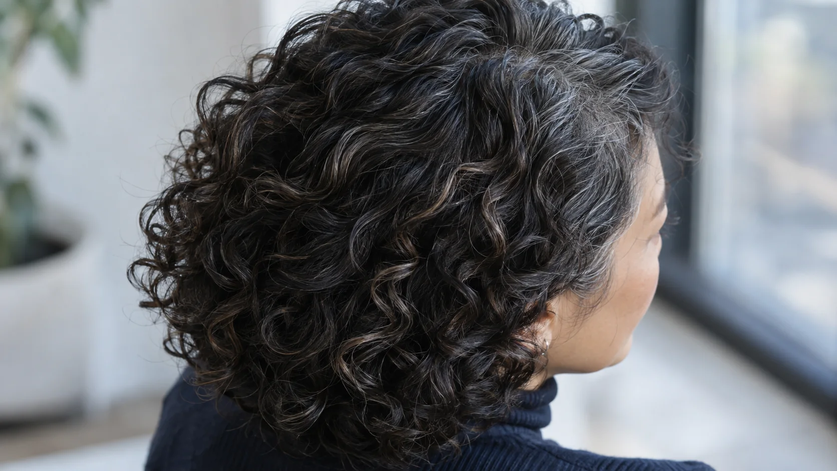 Fine neutral cool highlights near silver at the part of dark curly hair