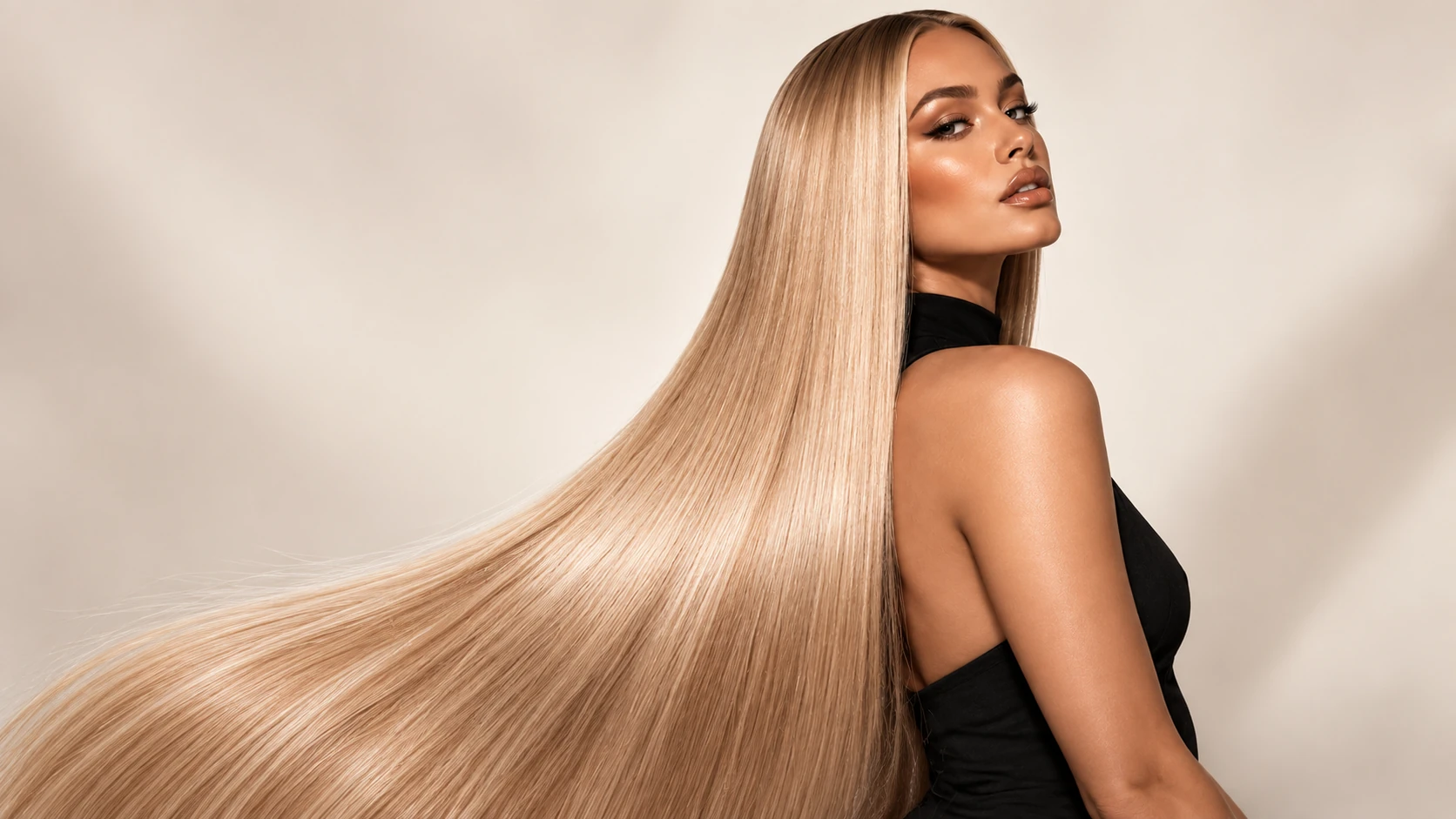 Long straight blonde extension hair showing strand consistency, shine and finished length.