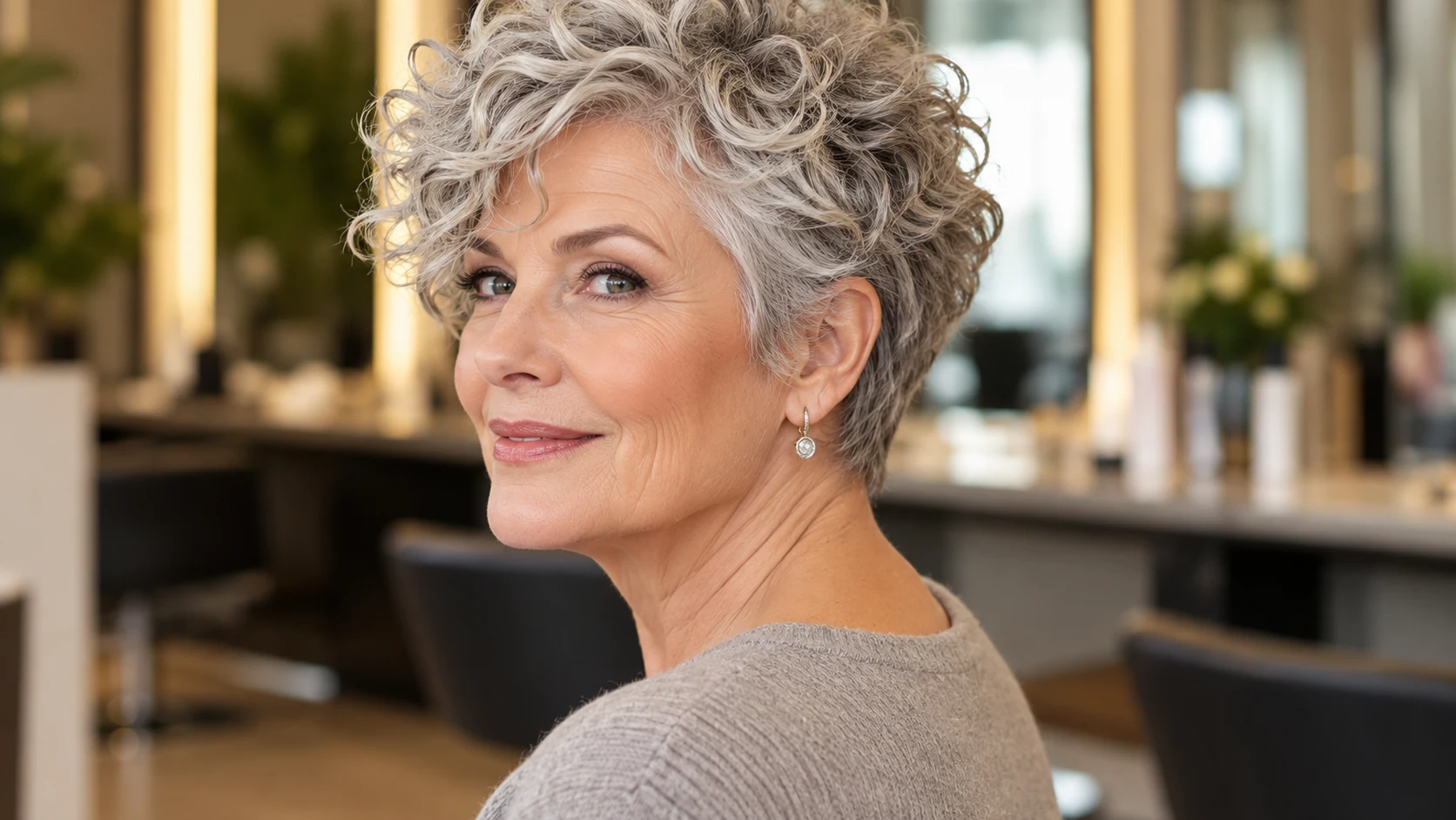 Woman over 50 wearing a silver long-top curly pixie with softly tapered sides.