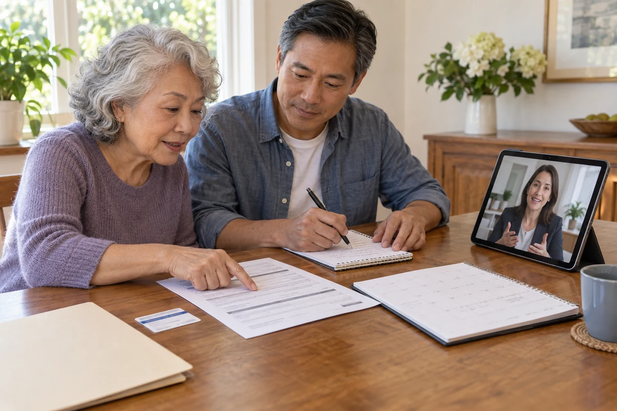 Older woman discussing a dermatologist referral and insurance papers with a patient advocate by phone