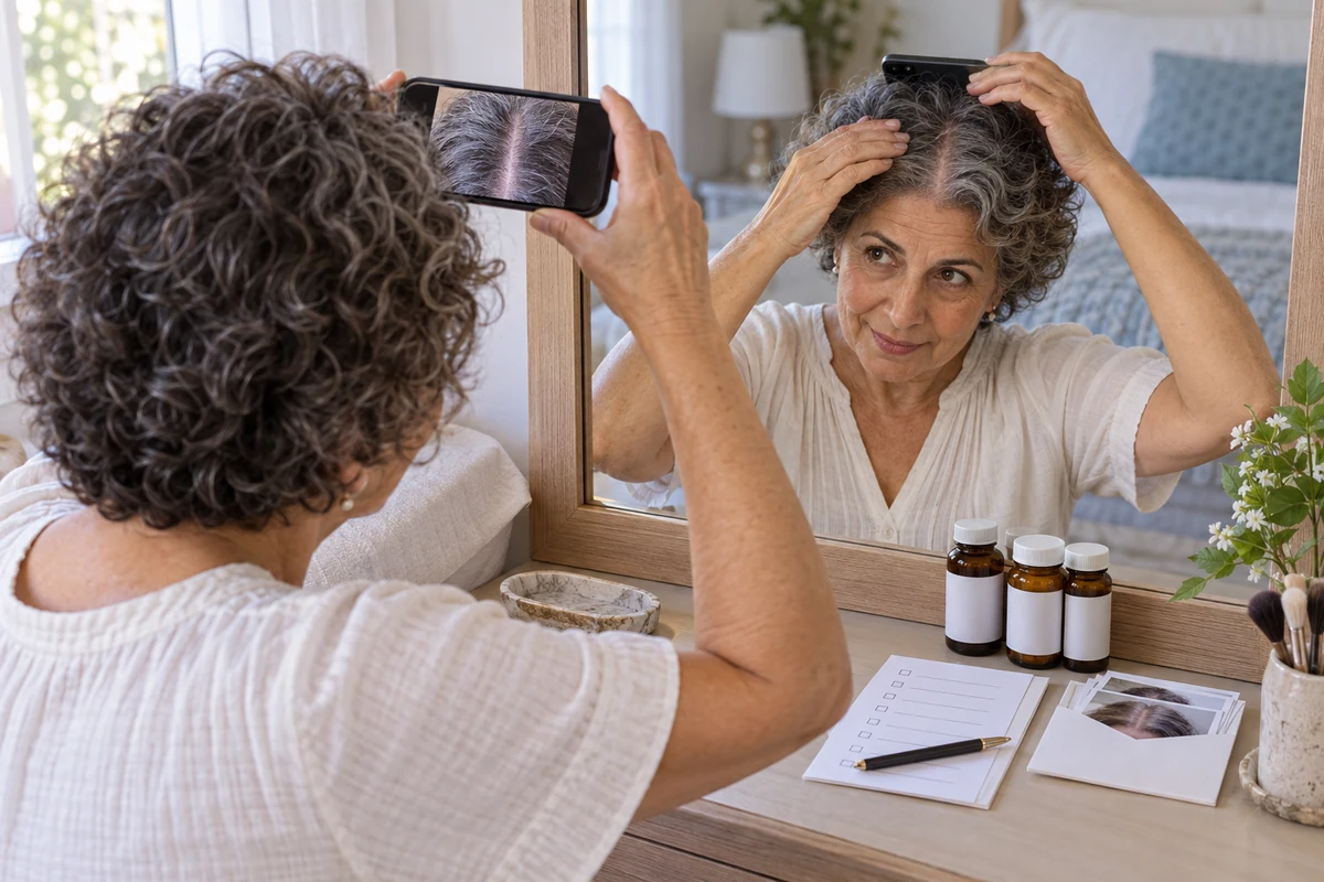 Older woman photographing her center part while preparing medication and symptom notes for a dermatologist visit
