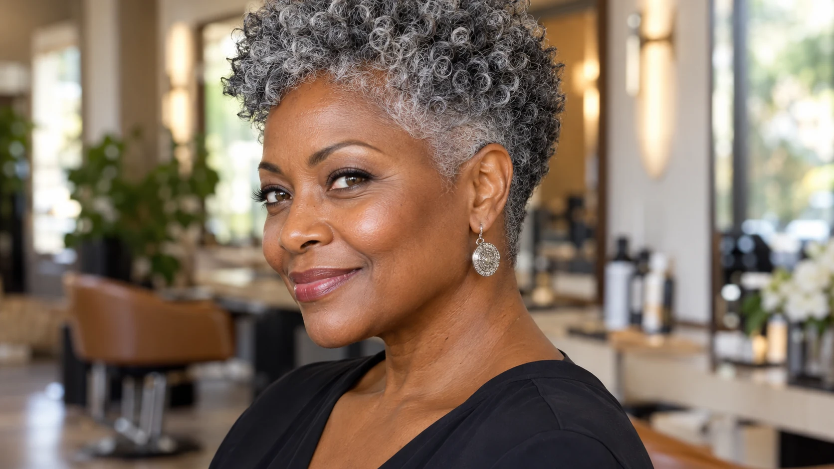Woman over 50 wearing a rounded silver coily crop with tapered sides and nape.