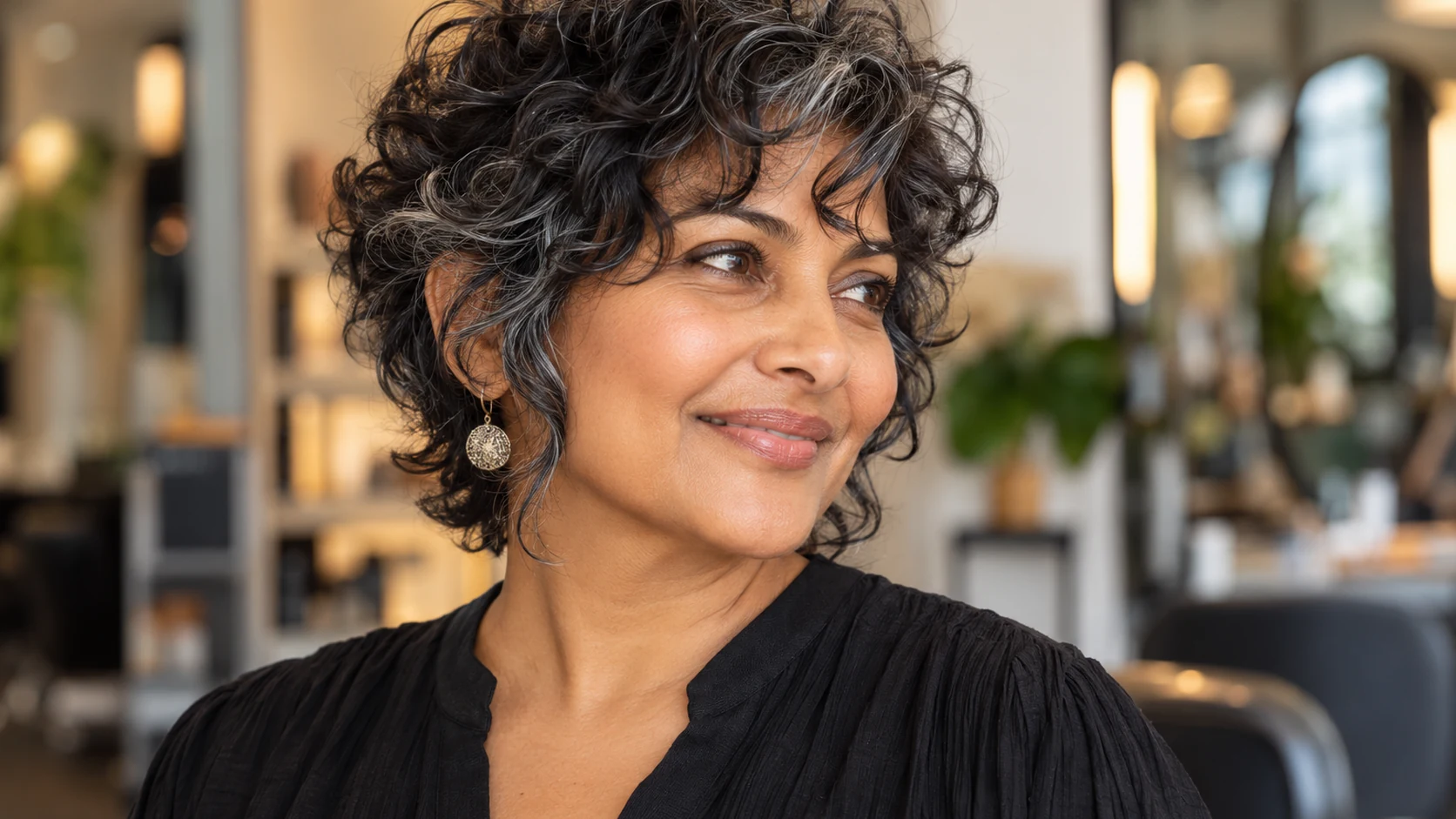 Woman over 50 wearing a short curly shag with silver streaks, fringe and airy crown layers.